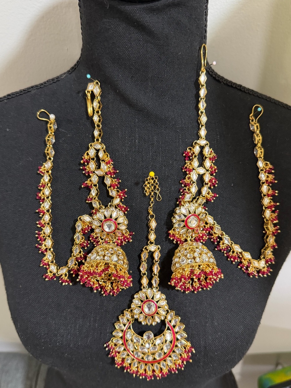 Gold and Red Kundan Jhumka Sahara tikka Set - Women Jewelry